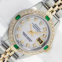 ROLEX LADY DATEJUST MOP DIAMOND STEEL AND 18K GOLD DIAMOND EMERALD BEZEL WATCH