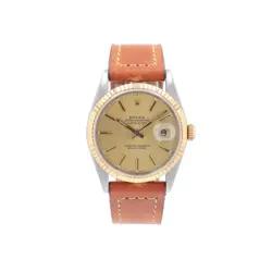 ROLEX DATEJUST 16233 36MM CHAMPAGNE INDEX DIAL FLUTED BEZEL & LEATHER BAND