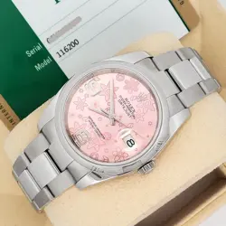 ROLEX DATEJUST 36MM PINK FLORAL DIAL STEEL OYSTER WATCH 116200 BOX PAPERS
