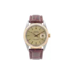 ROLEX DATEJUST 16233 36MM CHAMPAGNE INDEX DIAL FLUTED BEZEL LEATHER BAND