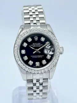Rolex Datejust 26mm 179174 Black Diamond Dial Diamond Bezel Papers Jubilee Box