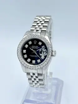 Rolex Datejust 26mm 179174 Black Diamond Dial Diamond Bezel Papers Jubilee Box