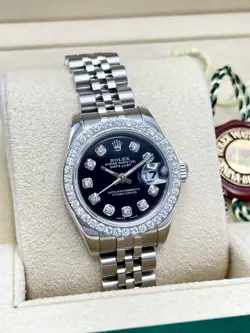 Rolex Datejust 26mm 179174 Black Diamond Dial Diamond Bezel Papers Jubilee Box