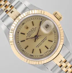 ROLEX LADIES DATEJUST 26MM TWO-TONE CHAMPAGNE INDEX DIAL FLUTED JUBILEE BAND