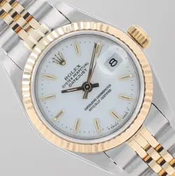 ROLEX LADIES DATEJUST 26MM TWO-TONE WHITE INDEX DIAL FLUTED BEZEL JUBILEE BAND
