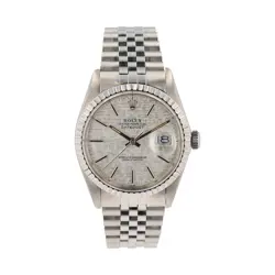 ROLEX DATEJUST  16030 36MM SILVER LINEN BLACK INDEX DIAL ENGINE TURNED BEZEL