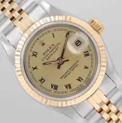 ROLEX LADIES DATEJUST 69173 26MM TWO-TONE CHAMPAGNE ROMAN NUMERAL FLUTED JUBILEE