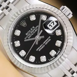 ROLEX LADIES DATEJUST 79174 BLACK DIAMOND DIAL 18K WHITE GOLD STEEL WATCH