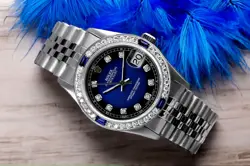 36 MM ROLEX DATEJUST BLUE VIGNETTE DIAL STAINLESS STEEL DIAMOND & SAPPHIRE WATCH