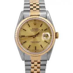 ROLEX DATEJUST 36MM CHAMPAGNE 18K YELLOW GOLD NO-HOLES STEEL JUBILEE 16233 WATCH