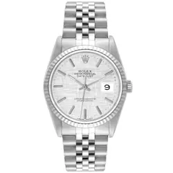 ROLEX DATEJUST 36 STEEL WHITE GOLD SILVER LINEN DIAL JUBILEE MENS WATCH 16234