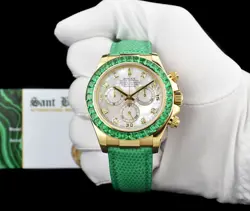 ROLEX 18kt Gold DAYTONA MOP Dial Baguette Bezel Green Strap 116518 SANT BLANC