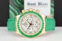ROLEX 18kt Gold DAYTONA MOP Dial Baguette Bezel Green Strap 116518 SANT BLANC