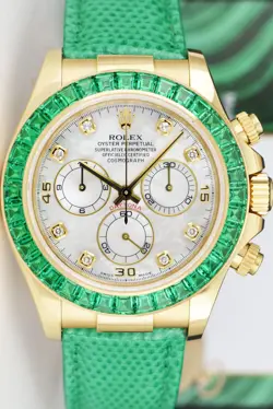ROLEX 18kt Gold DAYTONA MOP Dial Baguette Bezel Green Strap 116518 SANT BLANC