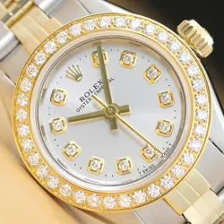 ROLEX LADIES OYSTER PERPETUAL 14K GOLD STEEL SILVER DIAMOND WATCH W/ FOLDED BAND