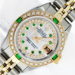 ROLEX LADY DATEJUST MOP DIAMOND WATCH STEEL AND 18K GOLD DIAMOND EMERALD BEZEL