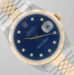 ROLEX DATEJUST 36MM TWO-TONE BLUE DIAMOND OS DIAL FLUTED BEZEL JUBILEE 16233