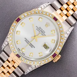 ROLEX MENS DATEJUST 36MM SILVER DIAMOND WATCH STEEL - YELLOW GOLD DIAMOND BEZEL