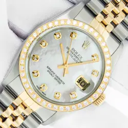 ROLEX MENS DATEJUST 36MM MOP DIAMOND WATCH STEEL - YELLOW GOLD DIAMOND BEZEL