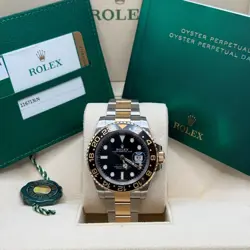 ROLEX GMT-MASTER II BLACK DIAL TWO TONE YELLOW GOLD BLACK CERAMIC BEZEL OYSTER