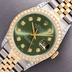 ROLEX MENS DATEJUST GREEN DIAMOND DIAL STEEL - YELLOW GOLD DIAMOND BEZEL WATCH
