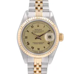 ROLEX DATEJUST WOMENS TWOTONE WATCH 69173 CHAMPAGNE ROMAN DIAL 18KY FLUTED 26MM