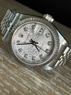 ROLEX LADIES 26MM 18K WHITE GOLD SS DATEJUST SILVER JUBILEE DIAMOND DIAL 79174