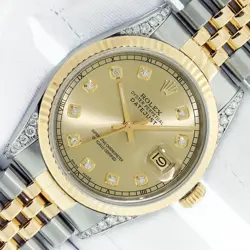 ROLEX MENS DATEJUST CHAMPAGNE DIAMOND DIAL STEEL - 18K GOLD FLUTED BEZEL WATCH