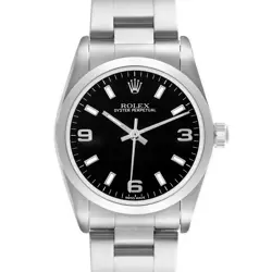 ROLEX OYSTER PERPETUAL MIDSIZE BLACK DIAL STEEL LADIES WATCH 77080