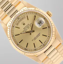 ROLEX MENS DAY-DATE 36MM 18KY GOLD CHAMPAGNE INDEX DIAL FLUTED PRESIDENT 18238