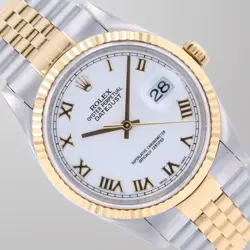ROLEX MENS DATEJUST 36MM TWO-TONE WHITE ROMAN DIAL FLUTED JUBILEE BRACELET 16233