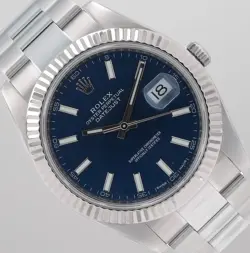 ROLEX DATEJUST 41 STEEL BLUE INDEX DIAL FLUTED BEZEL OYSTER BAND WATCH 126334