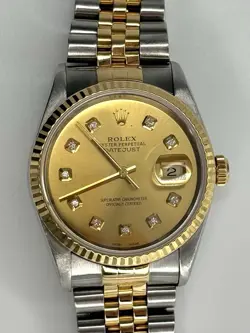 ROLEX OP DATEJUST STEEL & 18K GOLD CHAMPAGNE DIAMOND DIAL 36MM WATCH 16233