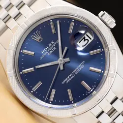ROLEX OYSTER PERPETUAL DATE 1501 BLUE DIAL 34MM STAINLESS STEEL JUBILEE WATCH