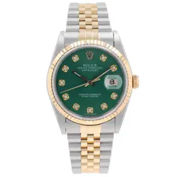 ROLEX MENS DATEJUST TWOTONE WATCH GREEN DIAMOND DIAL 18KY FLUTED JUBILEE
