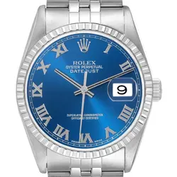 ROLEX DATEJUST 36 BLUE DIAL ENGINE TURNED BEZEL STEEL MENS WATCH 16220