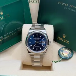 ROLEX DATEJUST 36 NEW 2024 BLUE INDEX DIAL STAINLESS STEEL SMOOTH BEZEL OYSTER