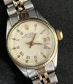 VINTAGE ROLEX DATE LADY 2TONE 14K YELLOW GOLD STEEL WATCH WHITE ROMAN DIAL 6519