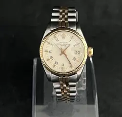 Vintage Rolex Date Lady 2Tone 14K Yellow Gold Steel Watch White Roman Dial 6519