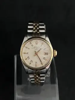 Vintage Rolex Date Lady 2Tone 14K Yellow Gold Steel Watch White Roman Dial 6519