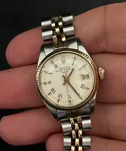 Vintage Rolex Date Lady 2Tone 14K Yellow Gold Steel Watch White Roman Dial 6519