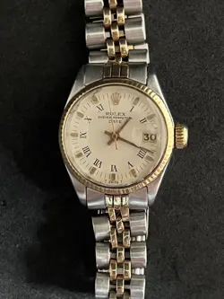 Vintage Rolex Date Lady 2Tone 14K Yellow Gold Steel Watch White Roman Dial 6519