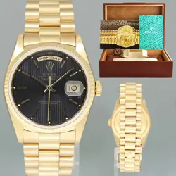 ROLEX PRESIDENT 18238 DAY DATE 36MM BLACK TAPESTRY DOUBLE QUICK YELLOW GOLD