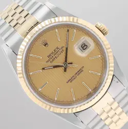 ROLEX MENS DATEJUST 36MM TWO-TONE CHAMPAGNE TAPESTRY DIAL FLUTED JUBILEE 16233
