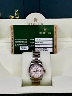 ROLEX DATEJUST STEEL & 18K GOLD SILVER JUBILEE DIAMOND DIAL 26MM WATCH 179171