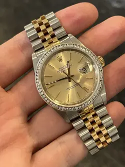 MENS ROLEX DATEJUST 16233 TWO TONE WATCH 18K GOLD DIAMOND BEZEL
