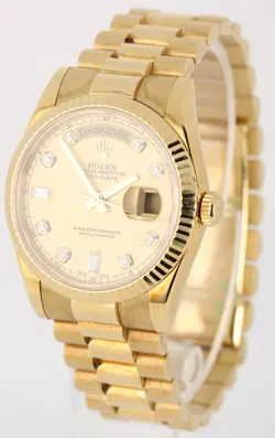 UNPOL. Rolex Day-Date President PAPERS 18k Champagne DIAMOND 36mm 118238 BOX
