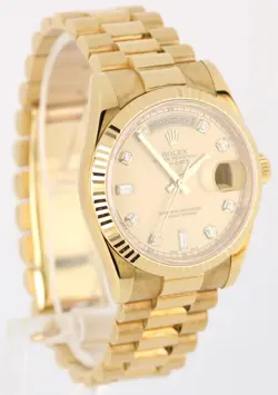 UNPOL. Rolex Day-Date President PAPERS 18k Champagne DIAMOND 36mm 118238 BOX
