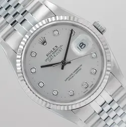 ROLEX MENS 36MM DATEJUST STEEL SILVER DIAMOND NS DIAL FLUTED JUBILEE BAND 16234