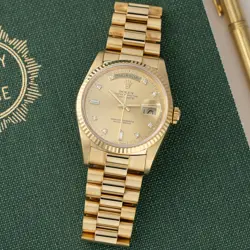 ROLEX DAY-DATE 36 18238, YELLOW GOLD, PRESIDENT, CHAMPAGNE DIAMOND DIAL, BOX ...